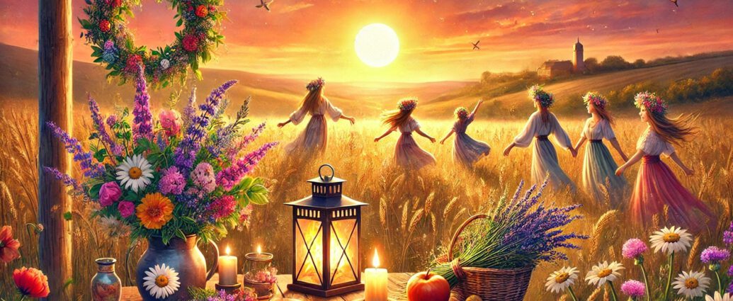 Frauen tanzen auf einem Feld, im Vordergrund Kräuter auf einem Tisch - Grafik