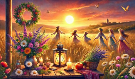 Frauen tanzen auf einem Feld, im Vordergrund Kräuter auf einem Tisch - Grafik