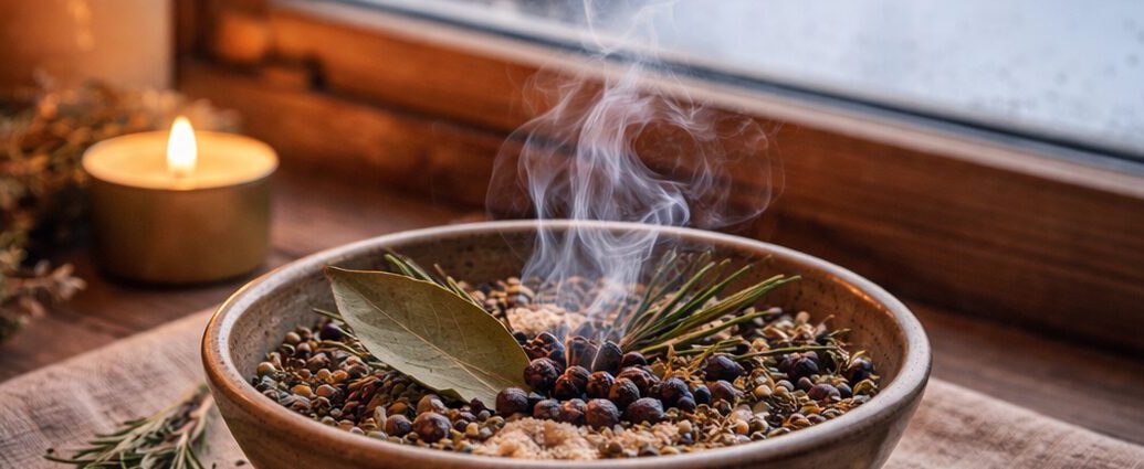 Qualmende Räucherschale mit Sand und Kräutern auf einer Fensterbank