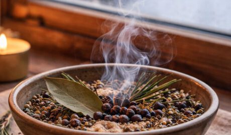 Qualmende Räucherschale mit Sand und Kräutern auf einer Fensterbank