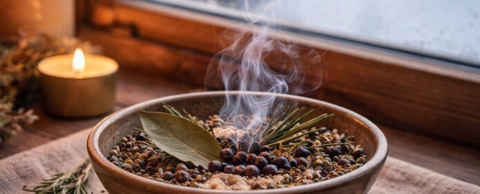 Qualmende Räucherschale mit Sand und Kräutern auf einer Fensterbank