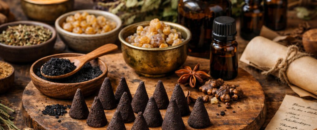 Tisch mit Räucherkegeln und Weihrauch